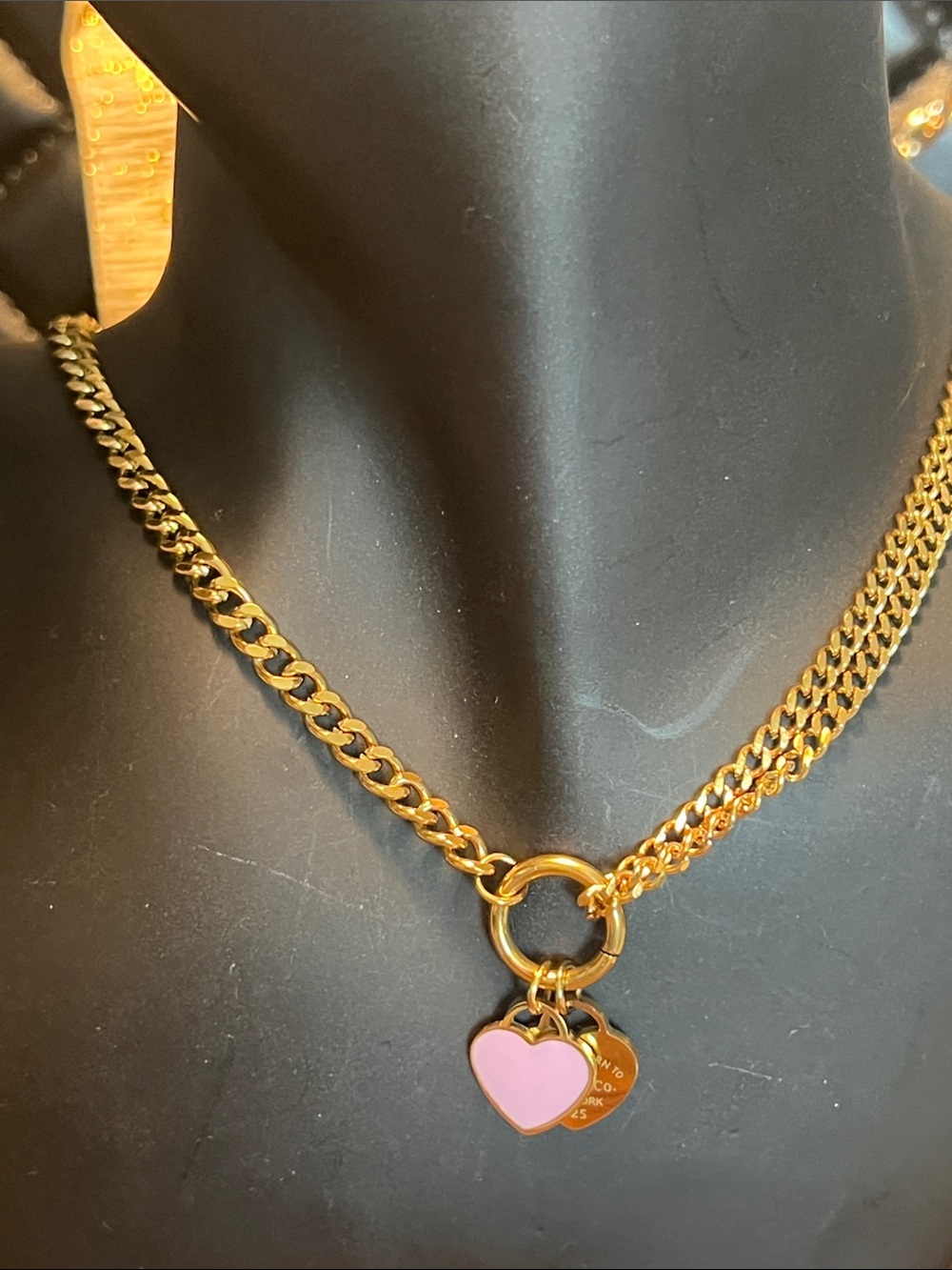 Gold Chain Necklace with Pink Heart Charm Pendant